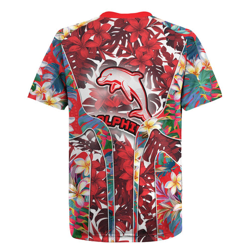 Dolphins Rugby Jersey Tropical Hibiscus Floral Pattern With Red And White Accents