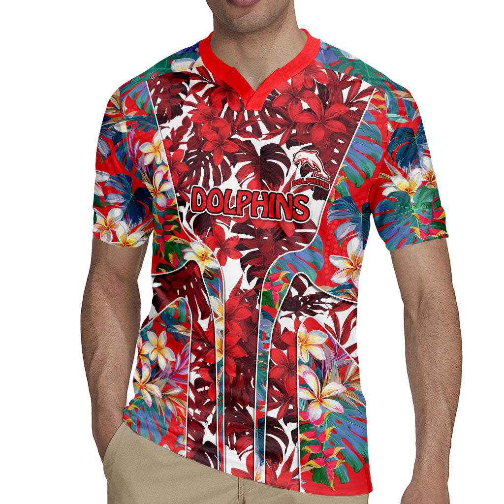 Dolphins Rugby Jersey Tropical Hibiscus Floral Pattern With Red And White Accents