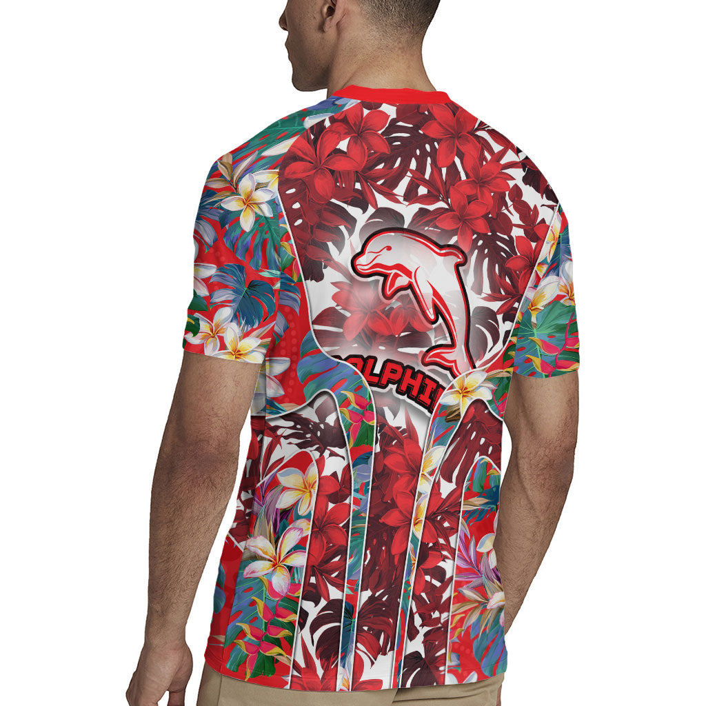 Dolphins Rugby Jersey Tropical Hibiscus Floral Pattern With Red And White Accents