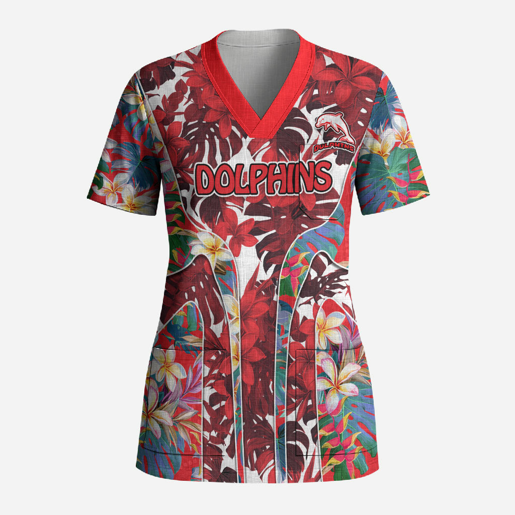 Dolphins Scrub Top Tropical Hibiscus Floral Pattern With Red And White Accents