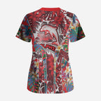 Dolphins Scrub Top Tropical Hibiscus Floral Pattern With Red And White Accents