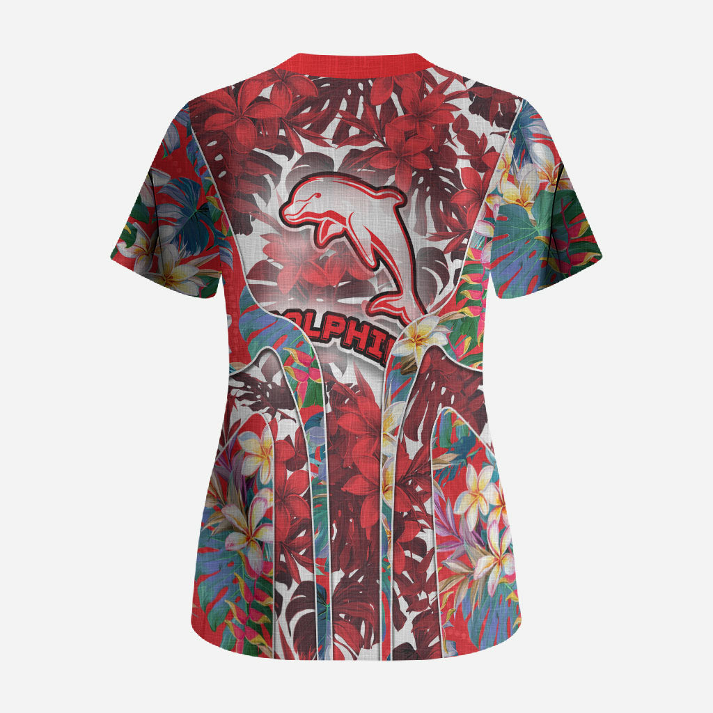 Dolphins Scrub Top Tropical Hibiscus Floral Pattern With Red And White Accents