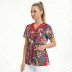 Dolphins Scrub Top Tropical Hibiscus Floral Pattern With Red And White Accents
