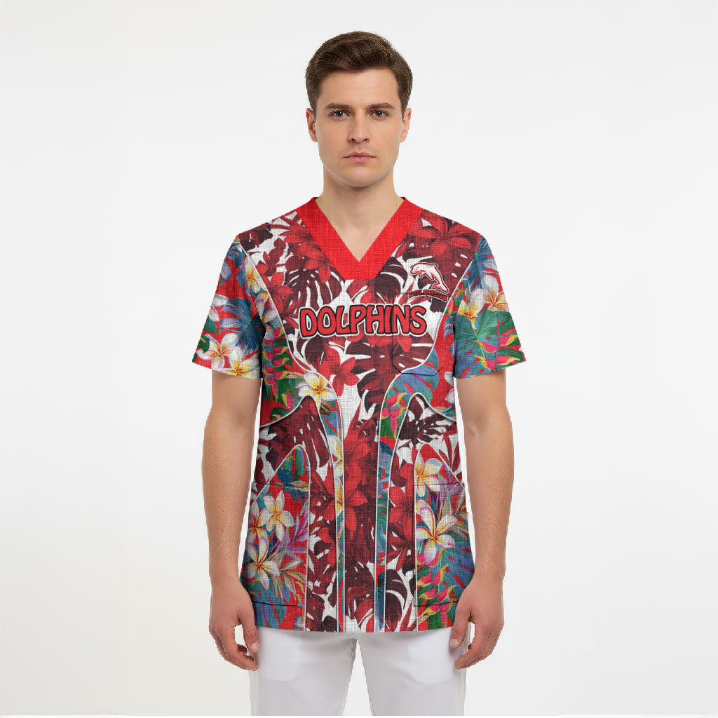 Dolphins Scrub Top Tropical Hibiscus Floral Pattern With Red And White Accents