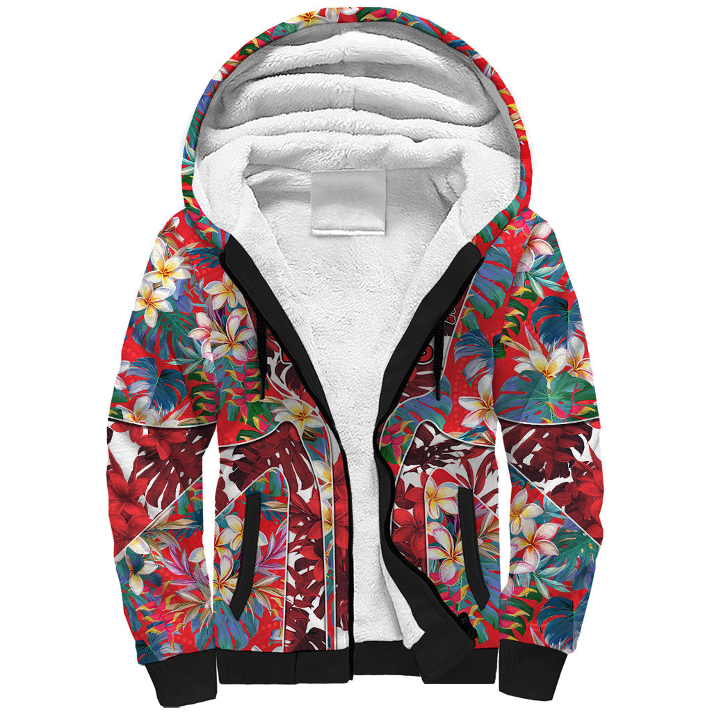 Dolphins Sherpa Hoodie Tropical Hibiscus Floral Pattern With Red And White Accents