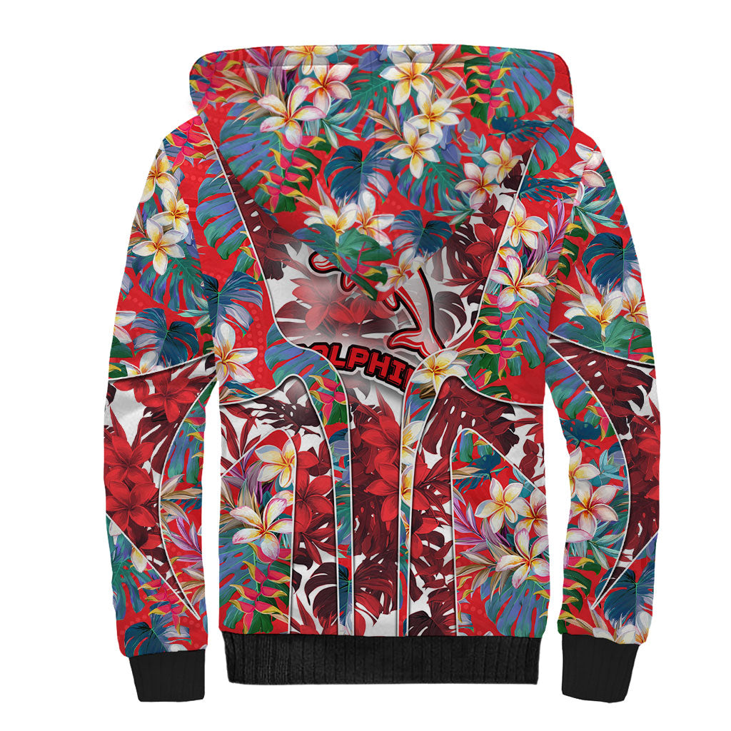 Dolphins Sherpa Hoodie Tropical Hibiscus Floral Pattern With Red And White Accents