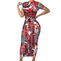 Dolphins Short Sleeve Bodycon Dress Tropical Hibiscus Floral Pattern With Red And White Accents