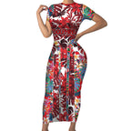 Dolphins Short Sleeve Bodycon Dress Tropical Hibiscus Floral Pattern With Red And White Accents
