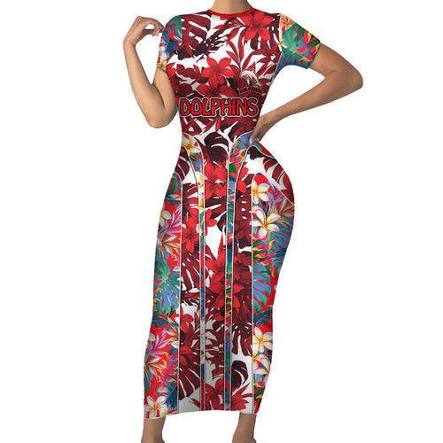 Dolphins Short Sleeve Bodycon Dress Tropical Hibiscus Floral Pattern With Red And White Accents