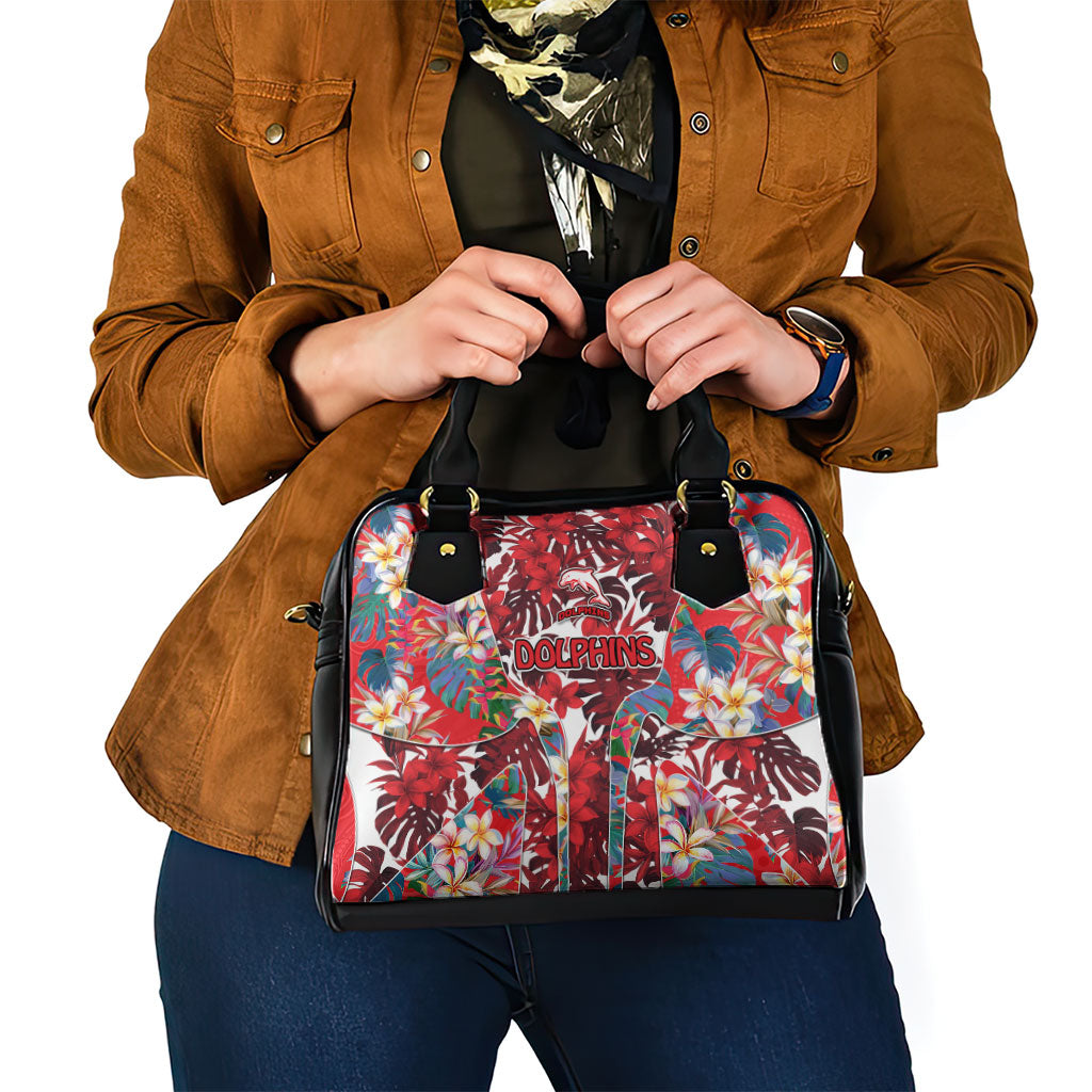 Dolphins Shoulder Handbag Tropical Hibiscus Floral Pattern With Red And White Accents