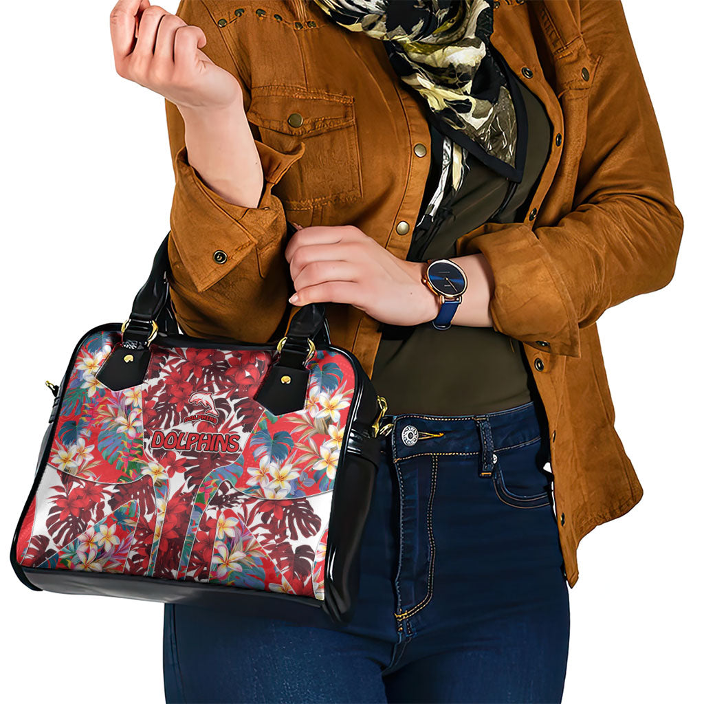 Dolphins Shoulder Handbag Tropical Hibiscus Floral Pattern With Red And White Accents