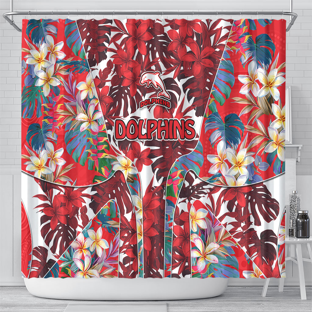 Dolphins Shower Curtain Tropical Hibiscus Floral Pattern With Red And White Accents
