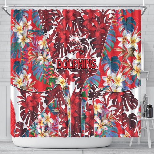 Dolphins Shower Curtain Tropical Hibiscus Floral Pattern With Red And White Accents
