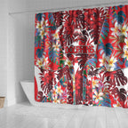 Dolphins Shower Curtain Tropical Hibiscus Floral Pattern With Red And White Accents