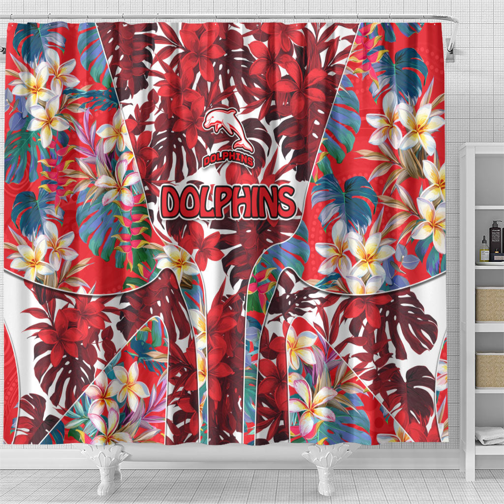 Dolphins Shower Curtain Tropical Hibiscus Floral Pattern With Red And White Accents