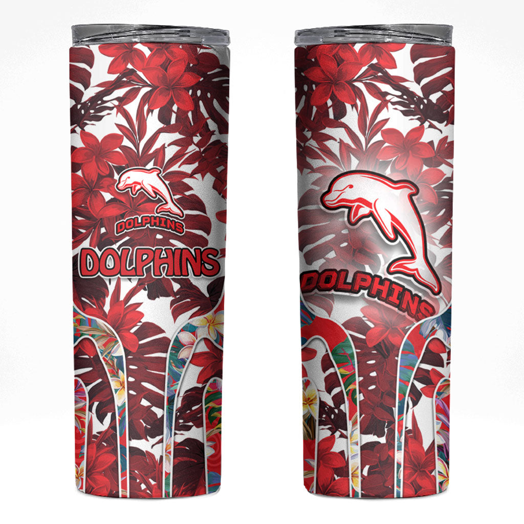 Dolphins Skinny Tumbler Tropical Hibiscus Floral Pattern With Red And White Accents
