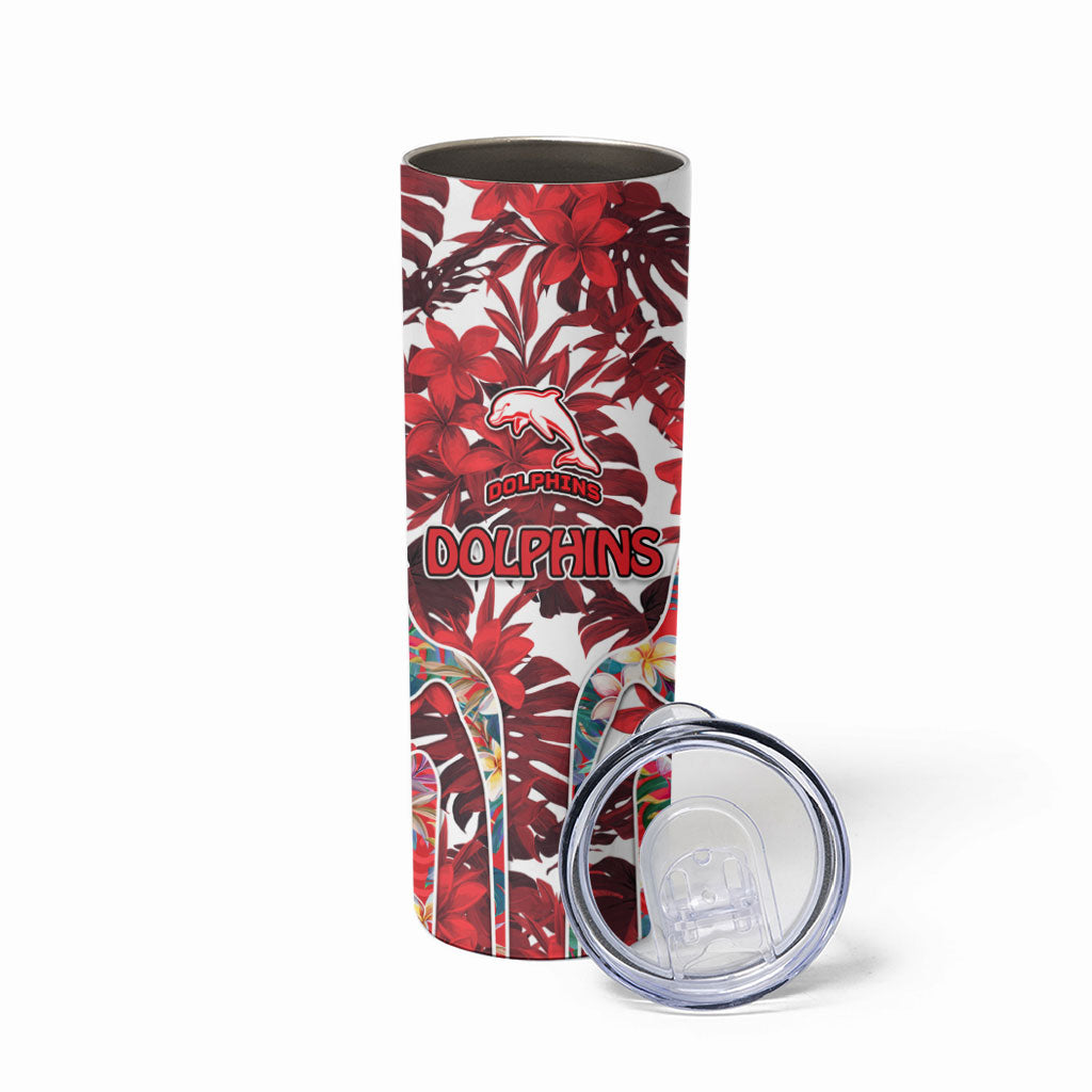 Dolphins Skinny Tumbler Tropical Hibiscus Floral Pattern With Red And White Accents