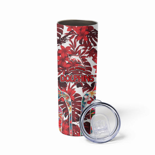 Dolphins Skinny Tumbler Tropical Hibiscus Floral Pattern With Red And White Accents