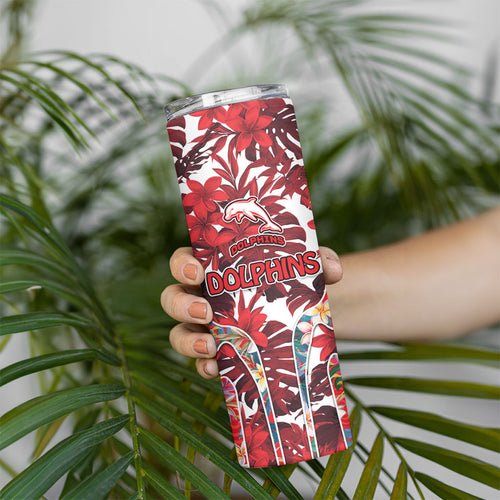 Dolphins Skinny Tumbler Tropical Hibiscus Floral Pattern With Red And White Accents