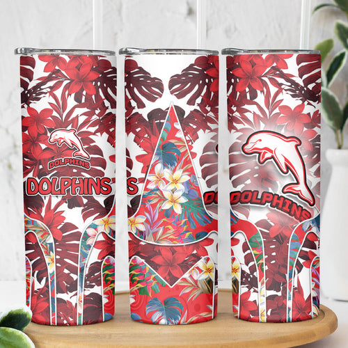 Dolphins Skinny Tumbler Tropical Hibiscus Floral Pattern With Red And White Accents