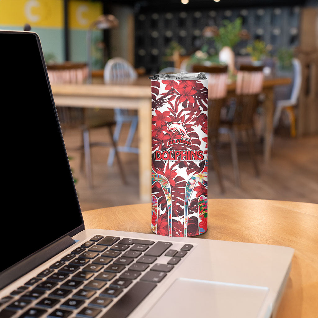 Dolphins Skinny Tumbler Tropical Hibiscus Floral Pattern With Red And White Accents
