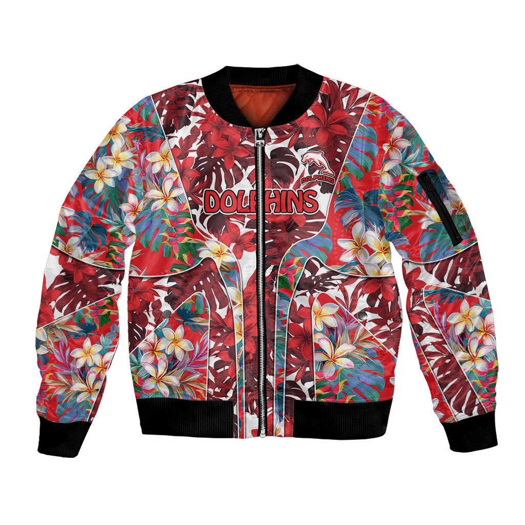 Dolphins Sleeve Zip Bomber Jacket Tropical Hibiscus Floral Pattern With Red And White Accents
