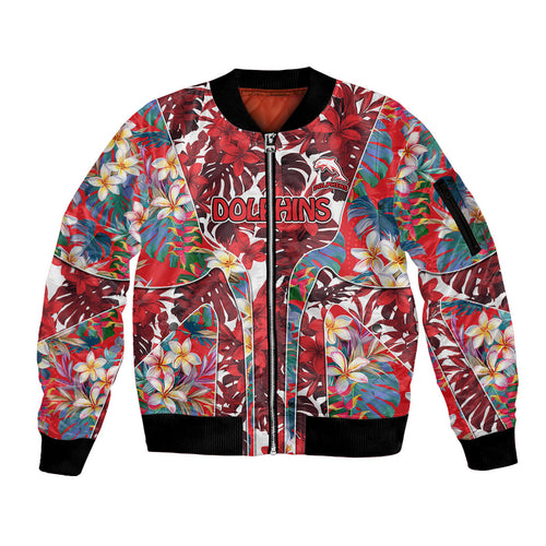 Dolphins Sleeve Zip Bomber Jacket Tropical Hibiscus Floral Pattern With Red And White Accents