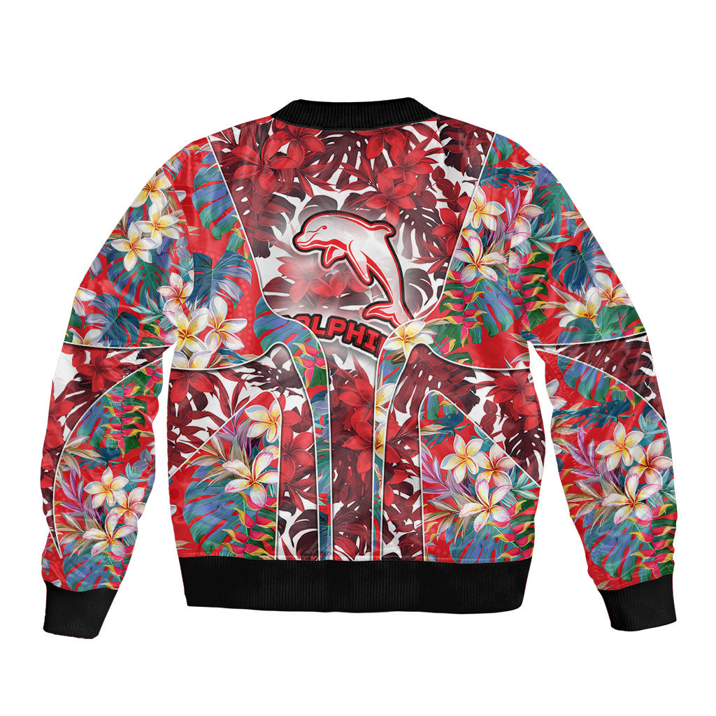 Dolphins Sleeve Zip Bomber Jacket Tropical Hibiscus Floral Pattern With Red And White Accents