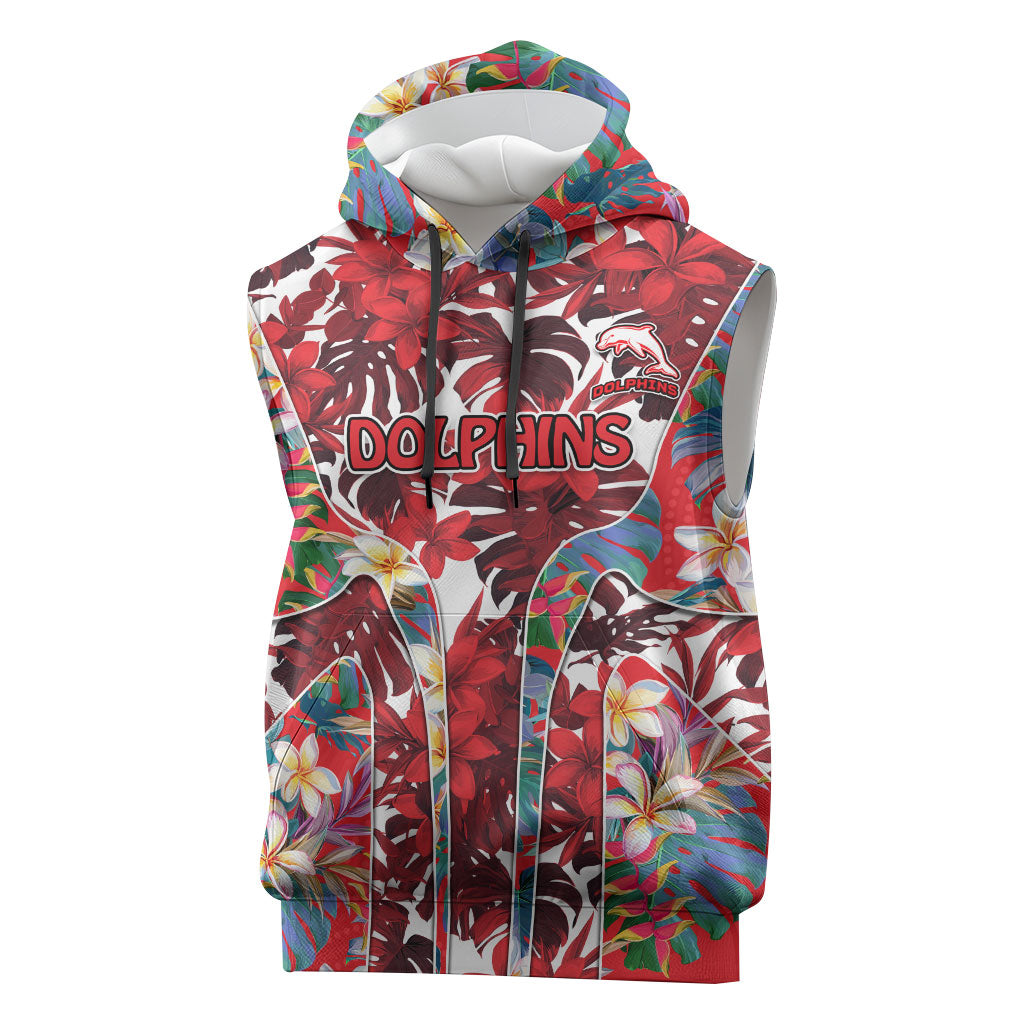 Dolphins Sleeveless Hoodie Tropical Hibiscus Floral Pattern With Red And White Accents