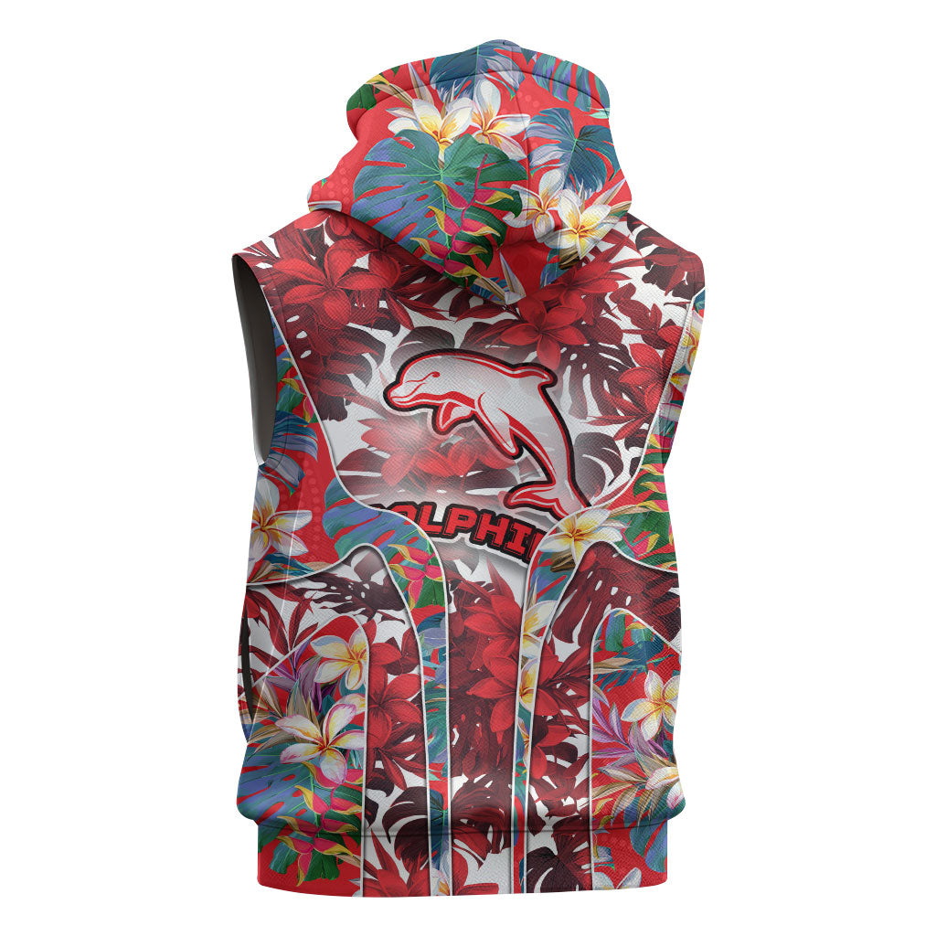 Dolphins Sleeveless Hoodie Tropical Hibiscus Floral Pattern With Red And White Accents