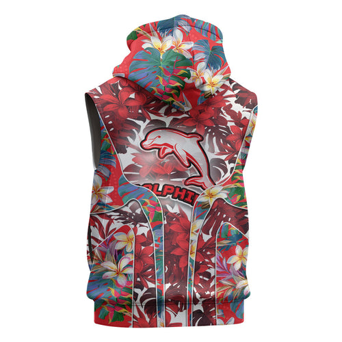 Dolphins Sleeveless Hoodie Tropical Hibiscus Floral Pattern With Red And White Accents
