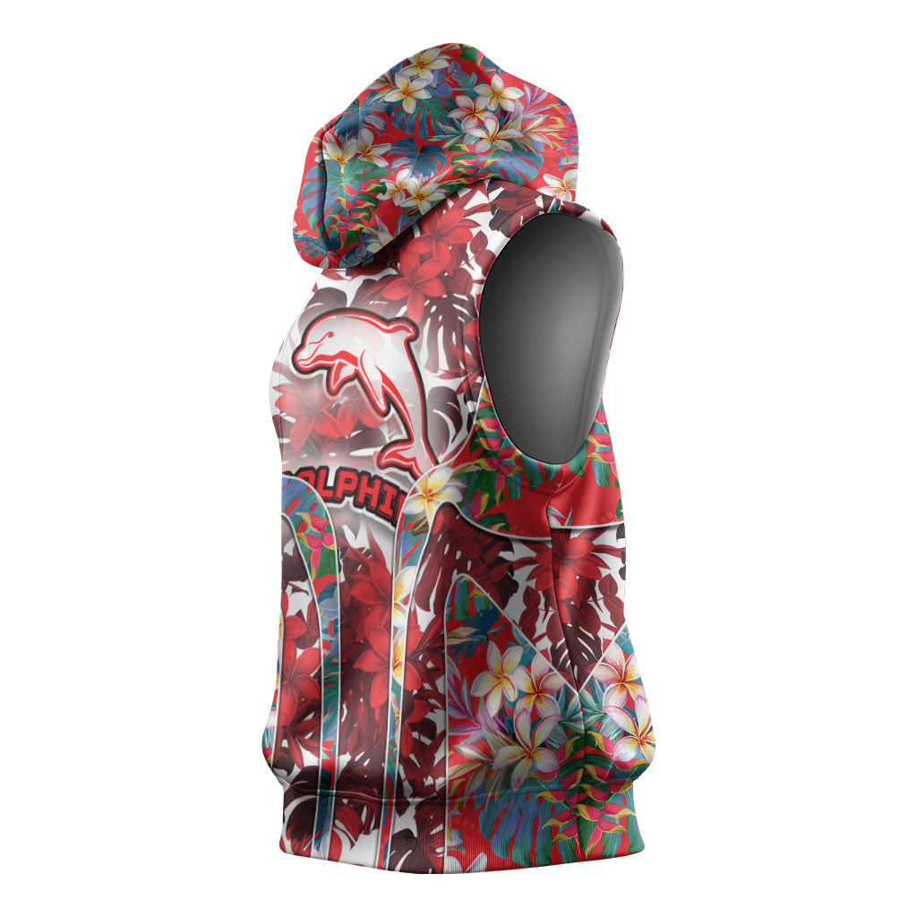 Dolphins Sleeveless Hoodie Tropical Hibiscus Floral Pattern With Red And White Accents