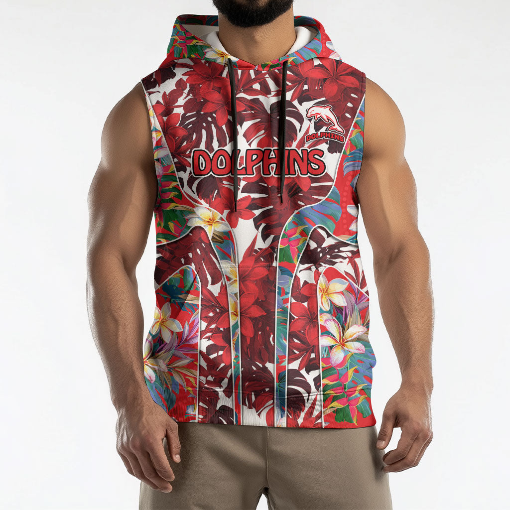 Dolphins Sleeveless Hoodie Tropical Hibiscus Floral Pattern With Red And White Accents