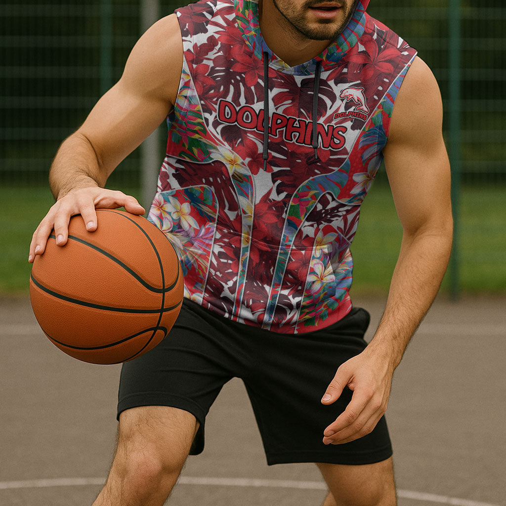 Dolphins Sleeveless Hoodie Tropical Hibiscus Floral Pattern With Red And White Accents