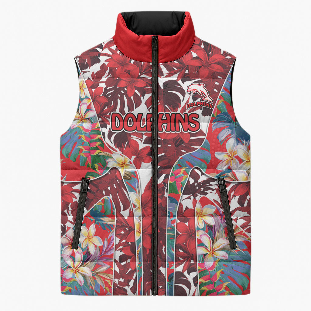 Dolphins Sleeveless Puffer Jacket Tropical Hibiscus Floral Pattern With Red And White Accents