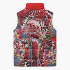 Dolphins Sleeveless Puffer Jacket Tropical Hibiscus Floral Pattern With Red And White Accents