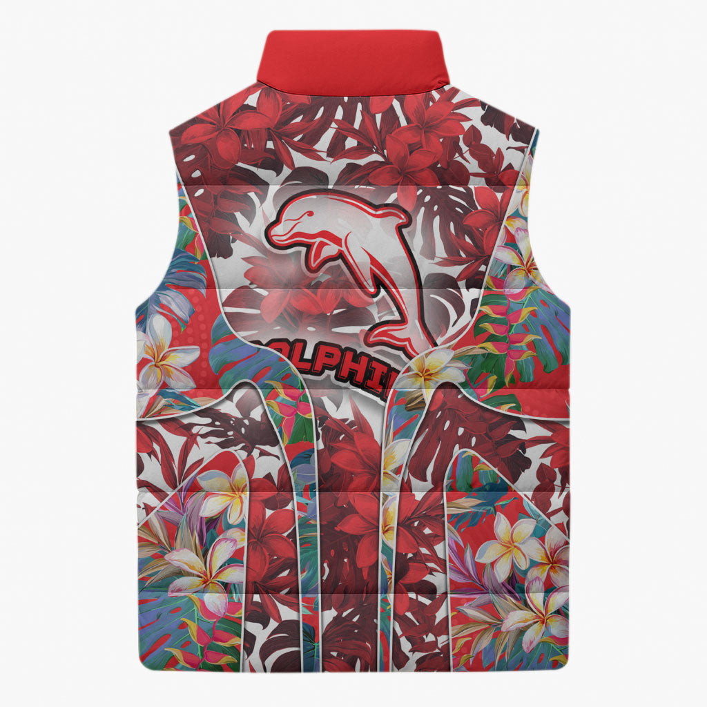 Dolphins Sleeveless Puffer Jacket Tropical Hibiscus Floral Pattern With Red And White Accents