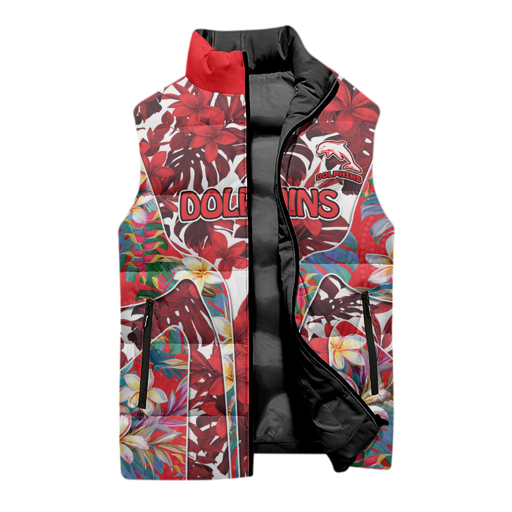 Dolphins Sleeveless Puffer Jacket Tropical Hibiscus Floral Pattern With Red And White Accents