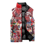 Dolphins Sleeveless Puffer Jacket Tropical Hibiscus Floral Pattern With Red And White Accents