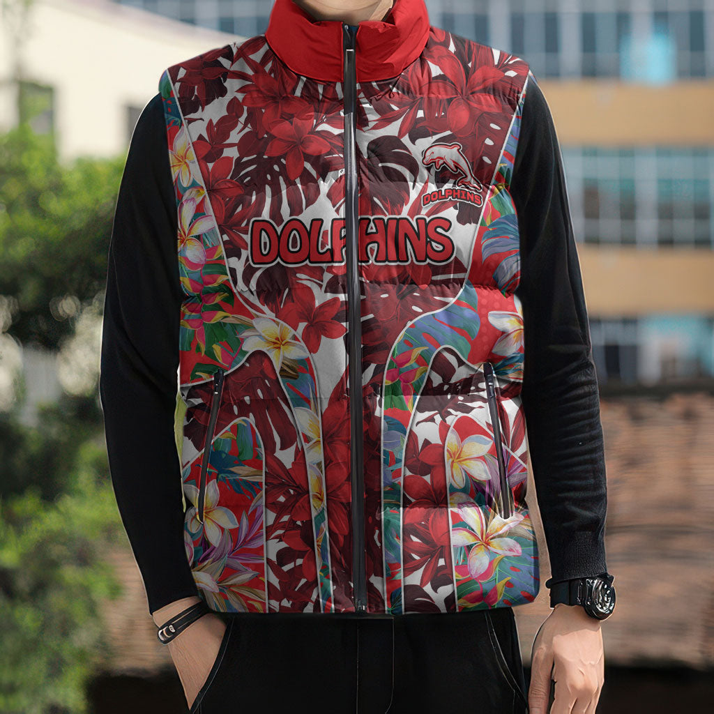 Dolphins Sleeveless Puffer Jacket Tropical Hibiscus Floral Pattern With Red And White Accents