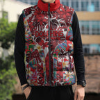 Dolphins Sleeveless Puffer Jacket Tropical Hibiscus Floral Pattern With Red And White Accents
