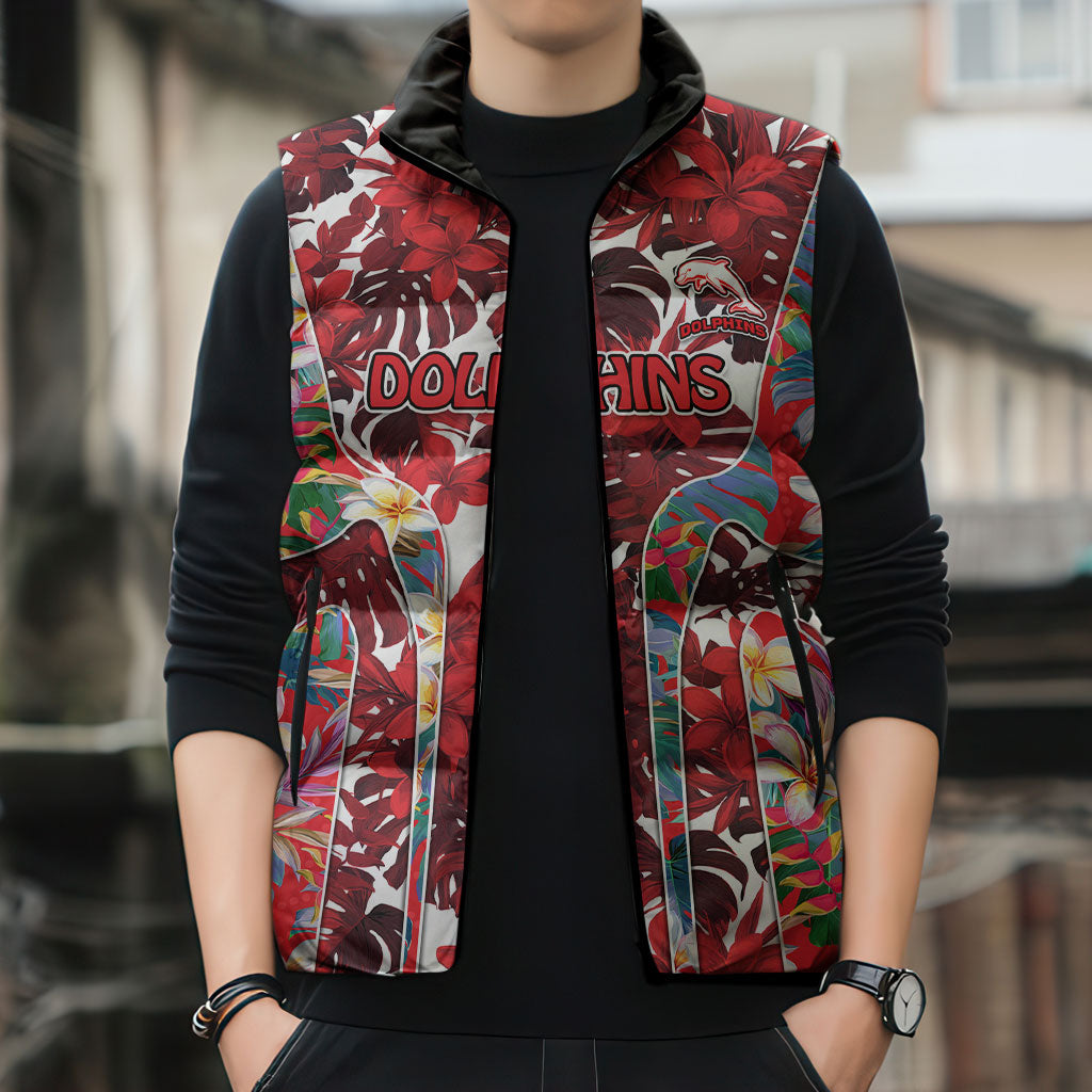 Dolphins Sleeveless Puffer Jacket Tropical Hibiscus Floral Pattern With Red And White Accents