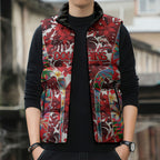 Dolphins Sleeveless Puffer Jacket Tropical Hibiscus Floral Pattern With Red And White Accents