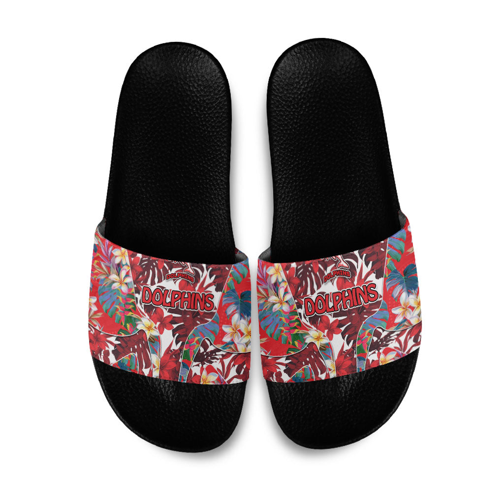 Dolphins Slide Sandals Tropical Hibiscus Floral Pattern With Red And White Accents