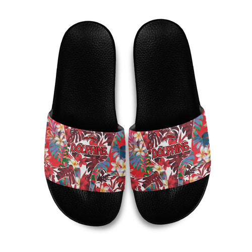 Dolphins Slide Sandals Tropical Hibiscus Floral Pattern With Red And White Accents