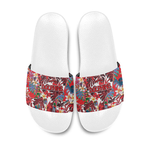 Dolphins Slide Sandals Tropical Hibiscus Floral Pattern With Red And White Accents