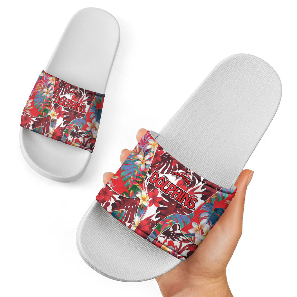 Dolphins Slide Sandals Tropical Hibiscus Floral Pattern With Red And White Accents
