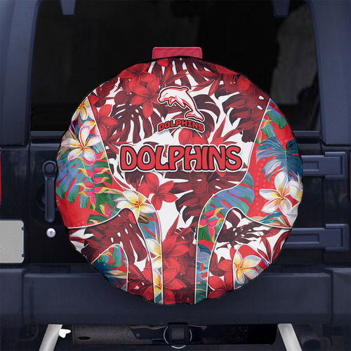 Dolphins Spare Tire Cover Tropical Hibiscus Floral Pattern With Red And White Accents