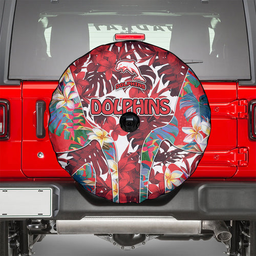 Dolphins Spare Tire Cover Tropical Hibiscus Floral Pattern With Red And White Accents