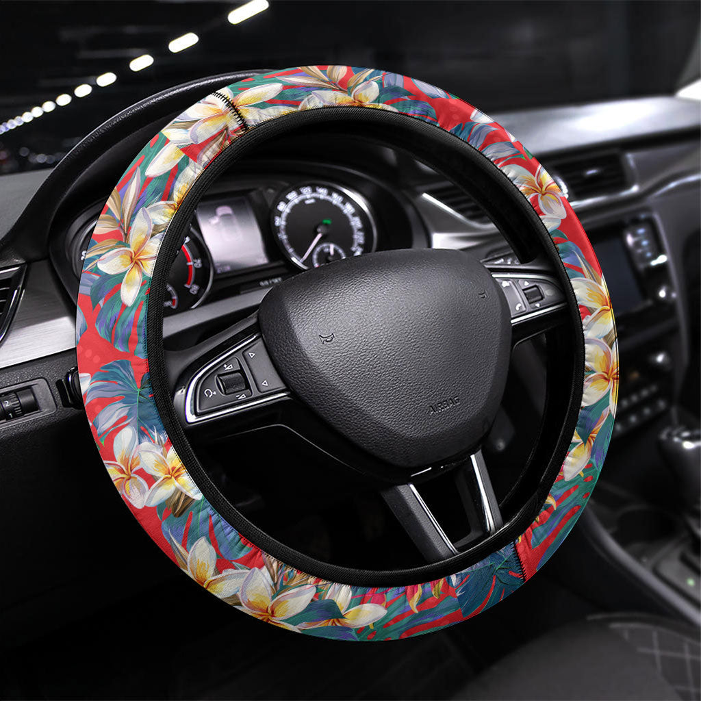 Dolphins Steering Wheel Cover Tropical Hibiscus Floral Pattern With Red And White Accents